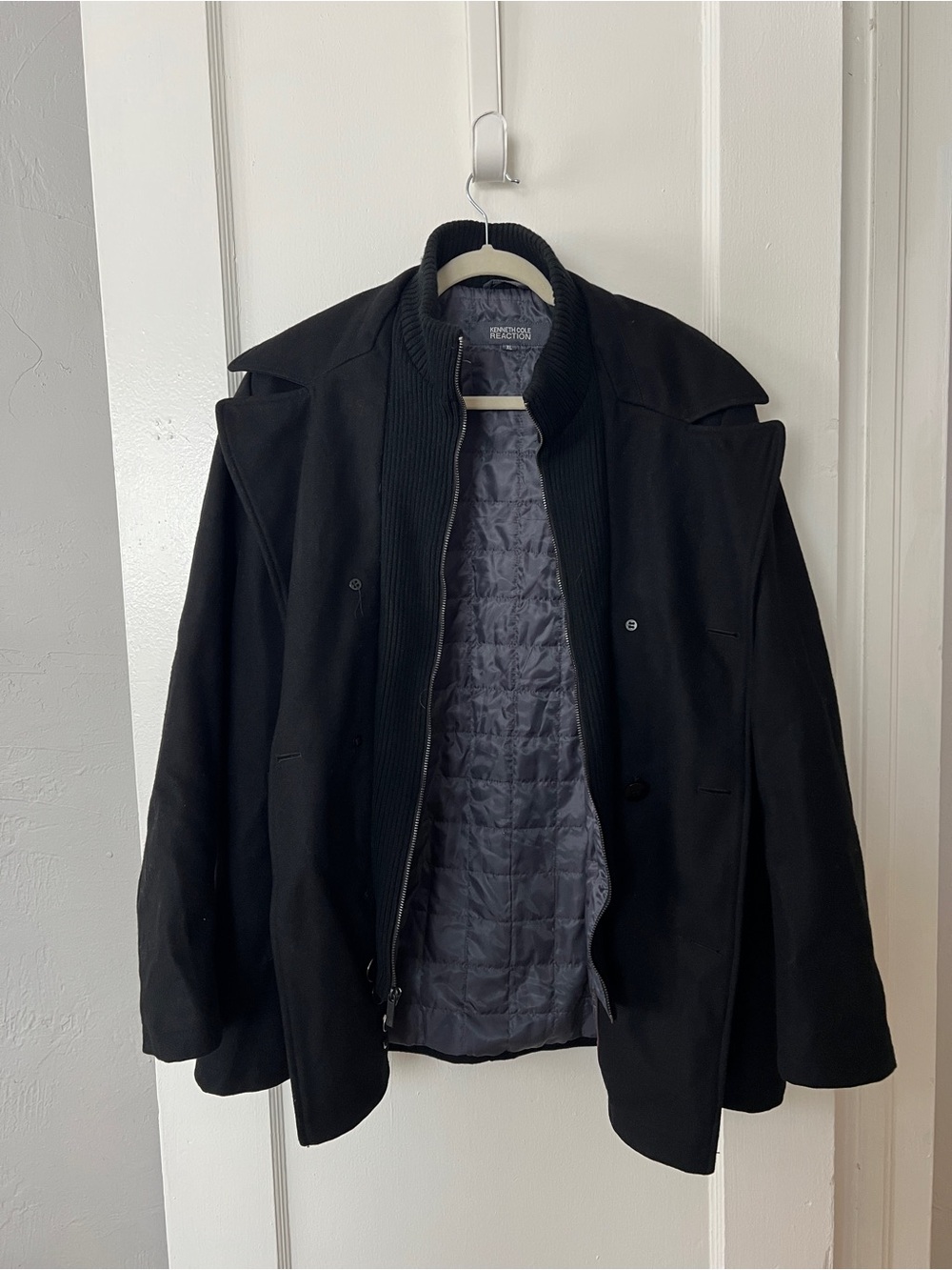 Kenneth Cole Black Pea Coat with Quilted Gray Lining